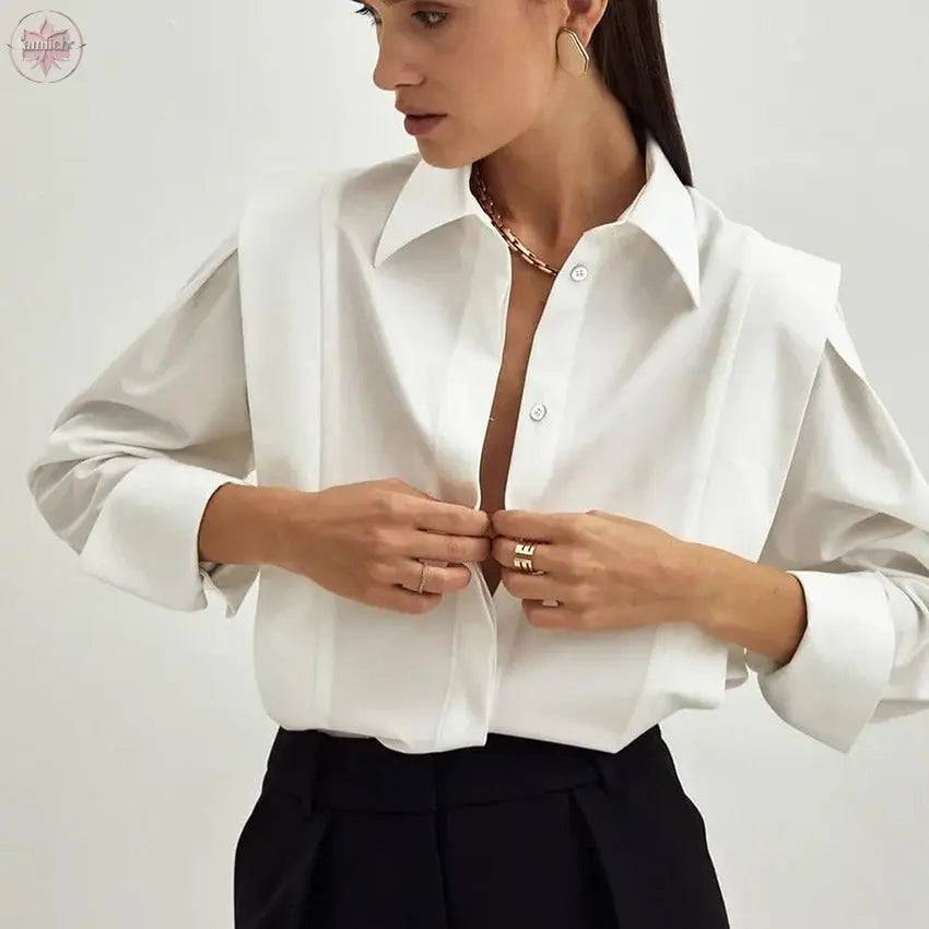 Right angled shoulder white shirt for women with a sense of temperament and design, niche long sleeved shirt top - Lamiiche