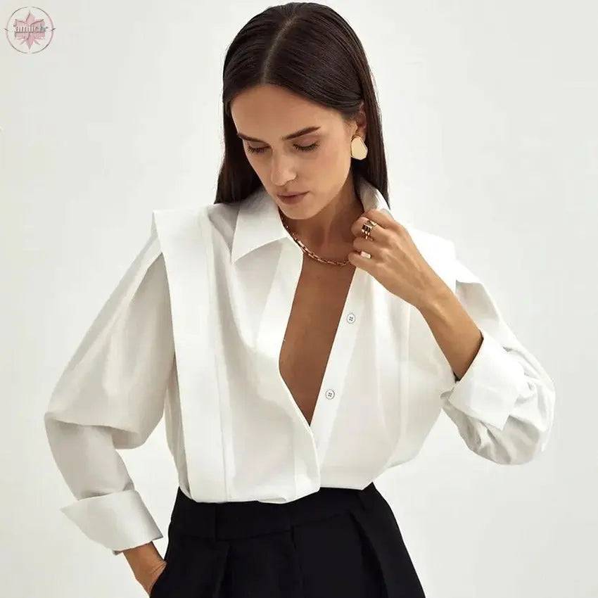 Right angled shoulder white shirt for women with a sense of temperament and design, niche long sleeved shirt top - Lamiiche