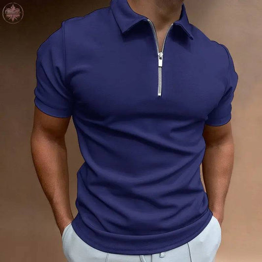 Summer men's thin solid color short sleeved POLO shirt with flip collar zipper slim fit top T-shirt - Lamiiche