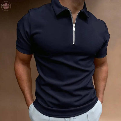 Summer men's thin solid color short sleeved POLO shirt with flip collar zipper slim fit top T-shirt - Lamiiche