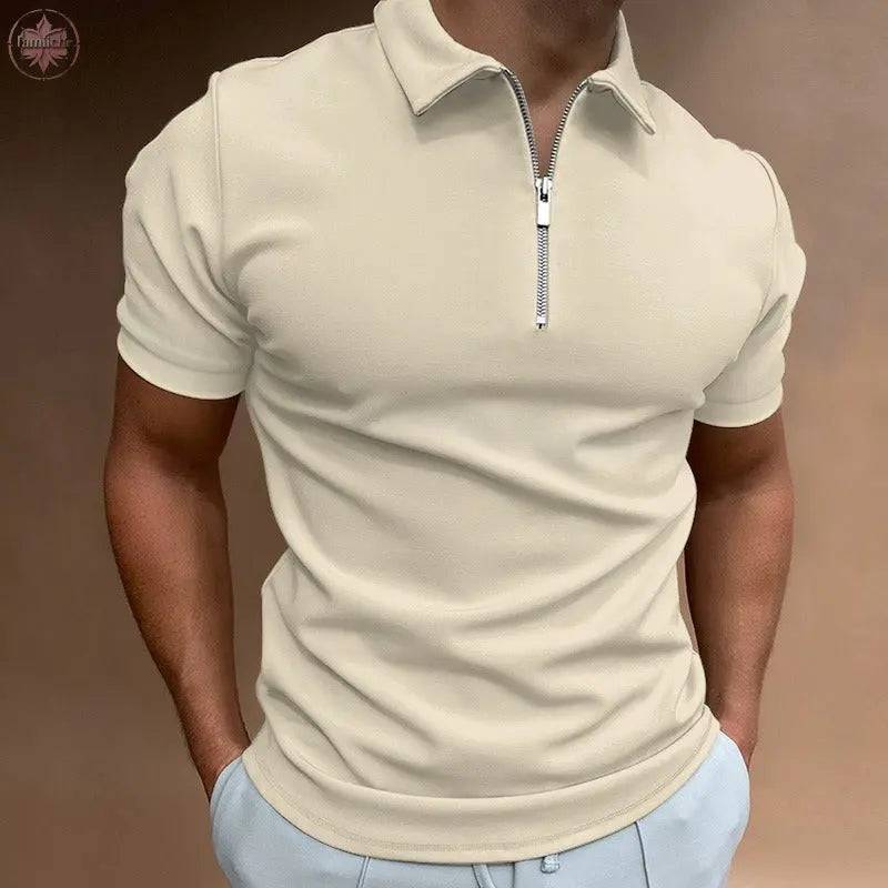 Summer men's thin solid color short sleeved POLO shirt with flip collar zipper slim fit top T-shirt - Lamiiche