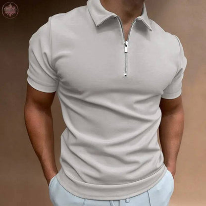 Summer men's thin solid color short sleeved POLO shirt with flip collar zipper slim fit top T-shirt - Lamiiche