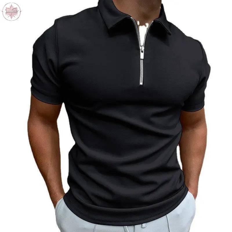 Summer men's thin solid color short sleeved POLO shirt with flip collar zipper slim fit top T-shirt - Lamiiche