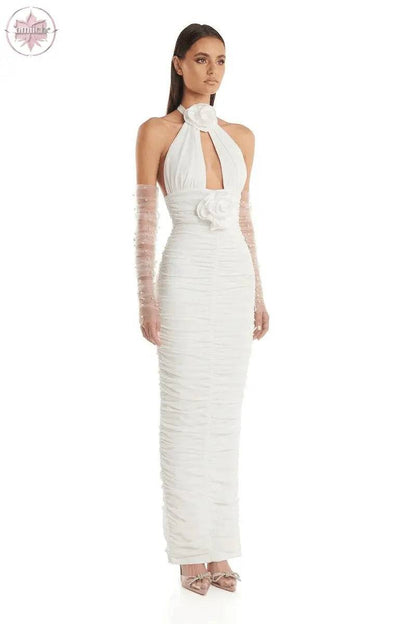 European and American fashion white hanging neck backless tight flower decoration long bandage wrapped buttocks dress women's cl - Lamiiche