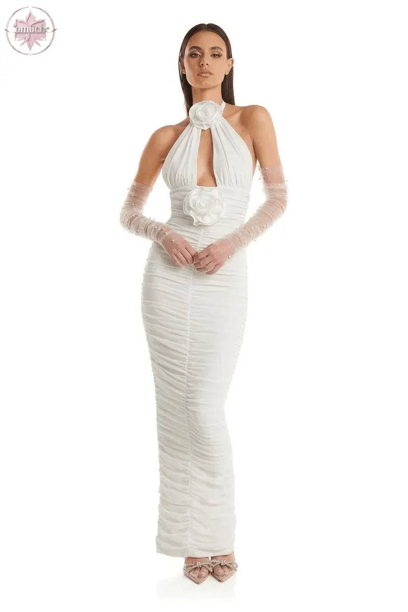 European and American fashion white hanging neck backless tight flower decoration long bandage wrapped buttocks dress women's cl - Lamiiche