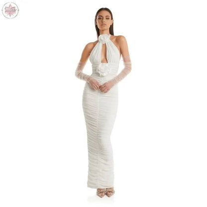 European and American fashion white hanging neck backless tight flower decoration long bandage wrapped buttocks dress women's cl - Lamiiche